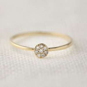 14k yellow, rose, white gold diamond ring, diamond pave ring, micro pave, stackable ring, round disc ring, solitaire ring, diamond moon ring image 1