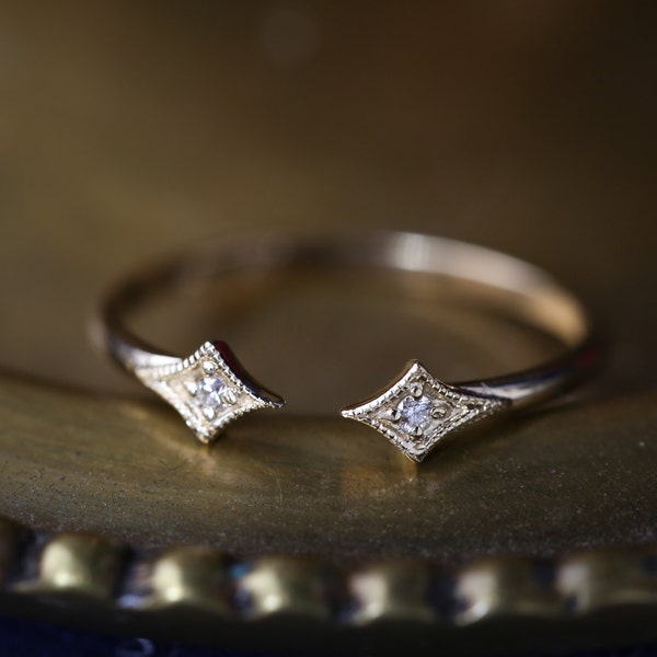 Double diamond star ring, diamond open wedding ring. 14k gold, rose gold, white gold, wedding ring, wedding band, stacking ring
