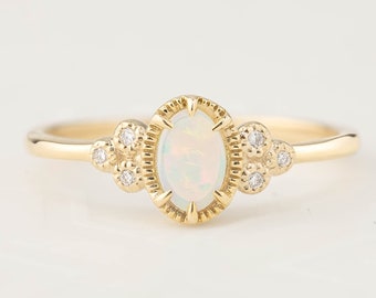 14k solid gold natural opal ring, Oval white opal ring, October Birthstone, October birthday gift, Unique Statement Ring, Solitaire Ring