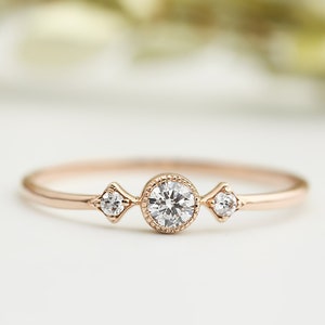 14k rose gold simple three stone diamond ring, 14k solid rose gold engagement ring, dainty rose gold engagement ring, three stone ring