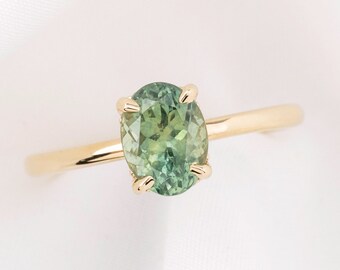 Oval Solitaire Engagement Ring, Oval Green Sapphire Ring, Hidden Halo Diamond Engagement Ring, One of a kind oval engagement ring, 14k gold