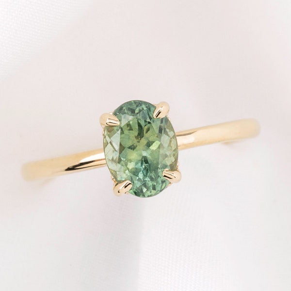 Oval Solitaire Engagement Ring, Oval Green Sapphire Ring, Hidden Halo Diamond Engagement Ring, One of a kind oval engagement ring, 14k gold