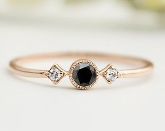 Black diamond ring 14k rose gold, 3mm black diamond engagement ring, conflict free, unique alternative engagement ring, 14k gold, white gold