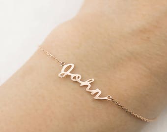 Personalized name bracelet, Solid 14k gold custom script bracelet, personalized gold jewelry 14k solid gold, rose gold, white gold