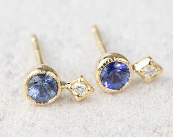 Blue sapphire and diamond studs, unique bridal earring, something blue jewelry, 14k solid yellow gold, rose gold, white gold, September gift