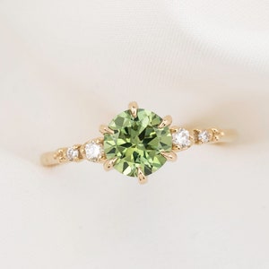 Round Green Montana Sapphire Engagement ring, vintage antique inspired ring, unique ring, diamond cascading sapphire ring, 14k yellow gold