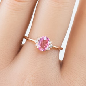 Oval Pink Sapphire Engagement ring, sapphire diamond cluster ring, vintage inspired unique pink sapphire engagement ring 14k rose gold ring