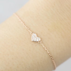 Diamond Heart Pave Bracelet, 14k solid gold, rose gold, white gold heart bracelet, diamond heart bracelet, dainty heart valentines gift image 2