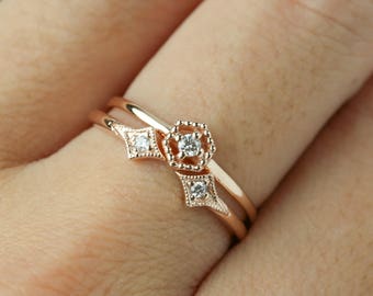 Unique Engagement ring set, Hexagon diamond ring and double diamond star ring. Engagement and wedding band set, Bridal diamond ring set