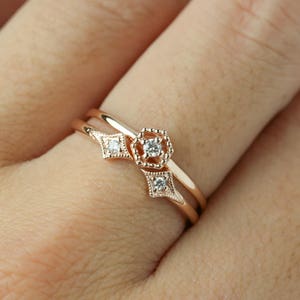 Unique Engagement ring set, Hexagon diamond ring and double diamond star ring. Engagement and wedding band set, Bridal diamond ring set