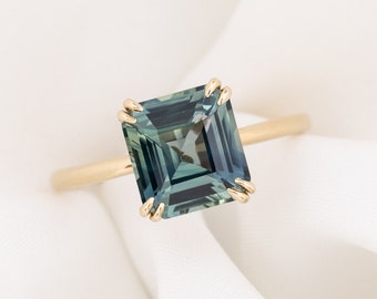 Asscher Cut Solitaire Engagement Ring, Asscher Cut Sapphire Ring, Simple Parti Blue Green Sapphire Ring, One of a kind 3ct engagement ring