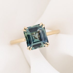 Asscher Cut Solitaire Engagement Ring, Asscher Cut Sapphire Ring, Simple Parti Blue Green Sapphire Ring, One of a kind 3ct engagement ring image 1