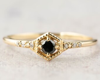 Unique black diamond engagement ring 14k gold, unique engagement ring, art deco inspired, alternative engagement, rose gold, white gold,