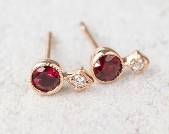 Unique ruby stud earrings 14k solid gold ruby diamond studs July birthstone ruby gift July birthday Unique small ruby studs, 14k rose gold