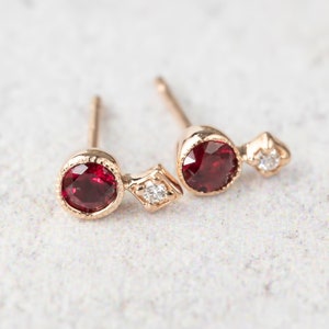 Unique ruby stud earrings 14k solid gold ruby diamond studs July birthstone ruby gift July birthday Unique small ruby studs, 14k rose gold