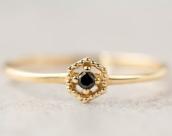 Black diamond solitaire ring, unique hexagon ring, black diamond engagement ring, dainty unique engagement ring, tiny black diamond ring