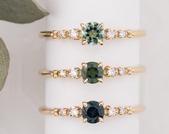 0.4ct Round blue green sapphire ring, vintage antique inspired ring, unique round sapphire engagement ring, dainty cascading sapphire ring