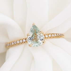 Green Sapphire Ring, Pear Shape Blue Sapphire Engagement Ring, Diamond pave sapphire ring, Vintage inspired Unheated Sapphire 14k Gold