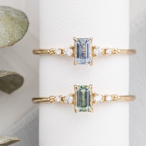 Dainty Sapphire Emerald cut Engagement ring, Blue Emerald shaped sapphire, Green Montana Sapphire Engagement Ring, Blue Green Emerald Ring
