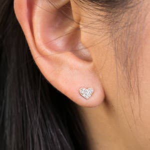 Heart stud earrings, Diamond pave studs, Heart earrings, heart studs, clustered diamond earrings, solid gold, 14k gold, Valentine's gift image 2