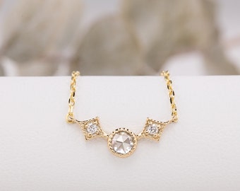 Rose Cut Diamond Necklace, 3 Diamond Necklace, 3 stone diamondPendant Necklace, Round Diamond Necklace, Simple diamond gift, Valentines day