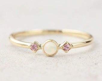 Dainty white opal and pink sapphire ring 14k solid, 3mm natural australian opal, three stone ring, October birthstone jewelry, Opal ring