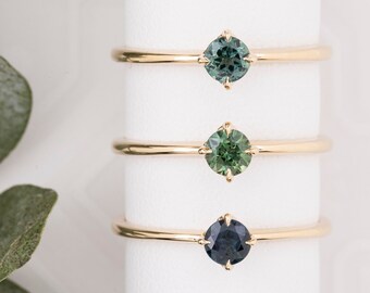 Round Queensland sapphire ring, Simple Round Sapphire Stacking Ring, Blue Green Sapphire Solitaire Ring, Teal Blue Dainty Sapphire Gold Ring