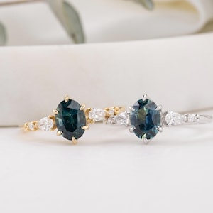 One of a kind Montana Sapphire Ring, oval teal sapphire diamond engagement ring, Vintage inspired green sapphire engagement ring, 14k gold