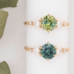 Round blue green montana sapphire ring, vintage antique inspired, unique ring, dainty cascading sapphire ring, 14k yellow rose white gold