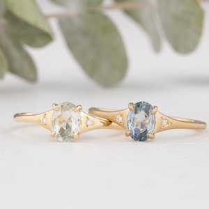Oval Green Sapphire Solitaire Ring, Blue sapphire engagement ring, Simple Dainty ring, Minimal green sapphire ring, 14k yellow gold ring