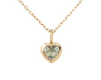 Green sapphire heart necklace, 14k gold, Bezel heart sapphire charm, heart charm necklace, solid gold charm necklace, one of a kind charm