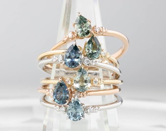 Pear cut sapphire three stone ring, pear montana sapphire engagement ring, unique pear shaped sapphire ring, dainty sapphire stacking ring