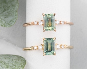 Green Emerald Cut Engagement ring, Simple Emerald Diamond Sapphire Ring, Dainty Emerald Cut Sapphire engagement ring, Unique Emerald Spphire