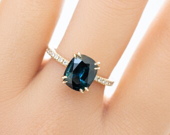 3.39ct Cushion Cut Teal Blue Sapphire Ring, Unheated Sapphire, Over 3ct sapphire ring, Pave diamond band, Sapphire engagement ring, 14k gold