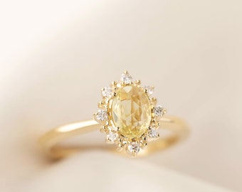 Yellow sapphire diamond halo engagement ring, Halo yellow sapphire engagement ring, Unique oval sapphire ring Diamond halo sapphire ring