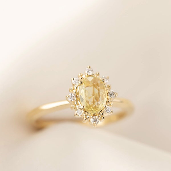 Yellow sapphire diamond halo engagement ring, Halo yellow sapphire engagement ring, Unique oval sapphire ring Diamond halo sapphire ring