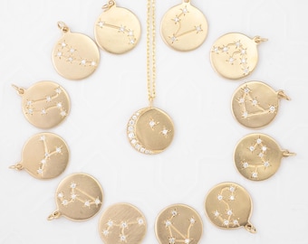 14k Gold Zodiac Constellation Necklace, Diamond Celestial Jewelry, Personalized Star Sign Necklace, Layering Astrology Gift