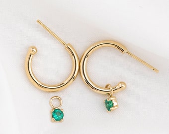 Solid Gold Birthstone Hoop Earring, Dangle Charm Hoop, Dangle Hoop Earrings, Charm Earrings, Everyday hoop earrings, 14k Light Weight Hoops