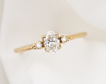 Oval Diamond Engagement ring, Diamond three stone ring, Non Traditional Engagement Ring, Recycled 14k yellow gold Unique Oval engagement