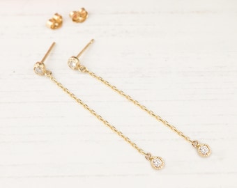 Diamond drop earrings, Genuine white diamond bezel setting diamond earrings, 14k solid gold, rose gold, white gold, long chain drop earrings