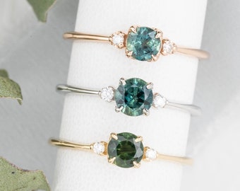 Queensland Sapphire Three Stone Ring, Peacock Green, Blue Green, solid gold, Australian sapphire engagement ring, unique engagement ring