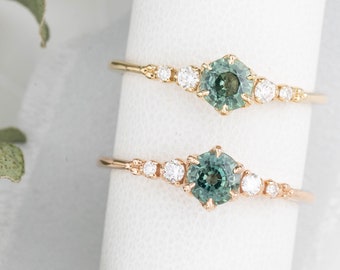 Round Green sapphire engagement ring, Solid 14k yellow gold
