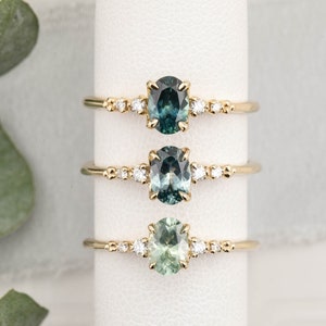 Oval Blue Montana Sapphire Engagement Ring, Vintage inspired green Sapphire diamond ring, unique oval engagement ring, Oval sapphire ring