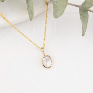 14k Solid Gold Oval Rose Cut Diamond Charm Necklace - Bezel Set, Dainty Diamond Pendant, Simple Wedding Gift, Classic Fine Jewelry