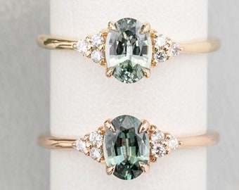 Oval Green Sapphire Ring, Unheated sapphire diamond cluster ring, Oval sapphire engagement ring, Unique side cluster 6 stones, 14k gold ring