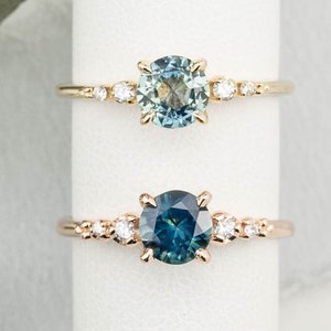 Round Sapphire Engagement Ring, Montana Sapphire Light Blue, Vintage inspired teal blue Sapphire three stone ring, unique sapphire ring