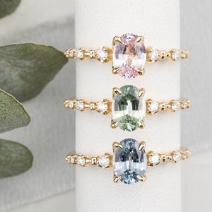 Oval sapphire diamond ring, unique oval sapphire engagement ring, green sapphire oval engagement ring, alternative engagement pink blue ring