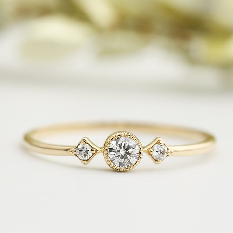 14k gold unique diamond engagement ring, solid 14k delicate gold engagement ring, vintage antique inspired ring, 0.12ct G SI diamond ring image 2