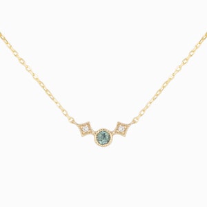 Three stone necklace solid 14k yellow gold, Montana sapphire & diamond necklace, Unique Montana Sapphire jewelry, three stone necklace Light Blue Green