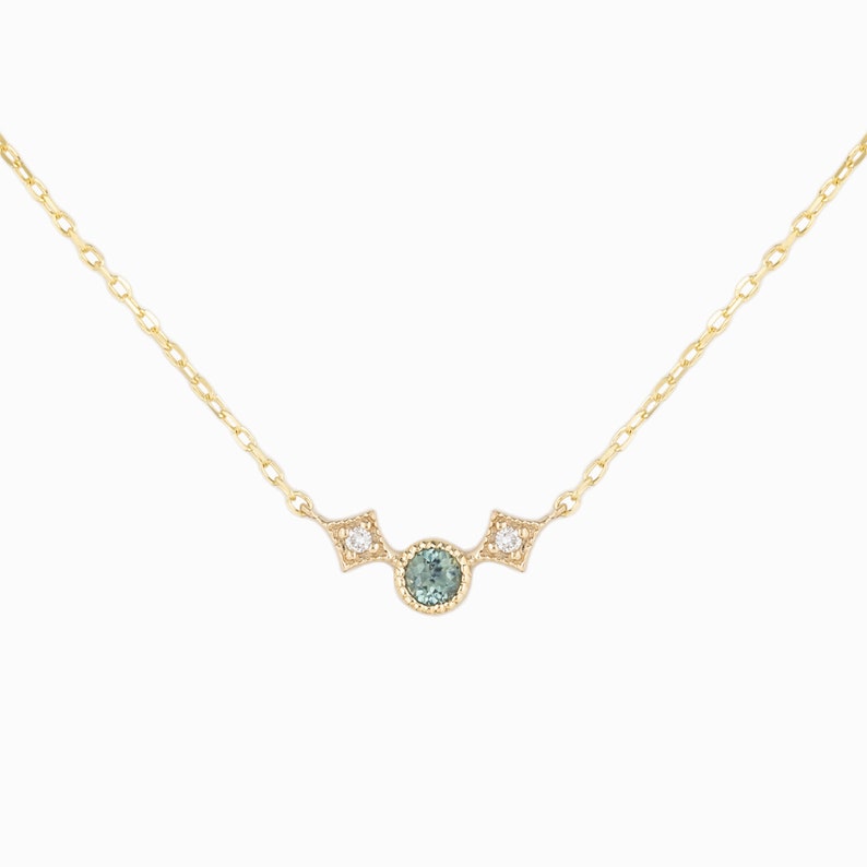 Three stone necklace solid 14k yellow gold, Montana sapphire & diamond necklace, Unique Montana Sapphire jewelry, three stone necklace Light Blue Green